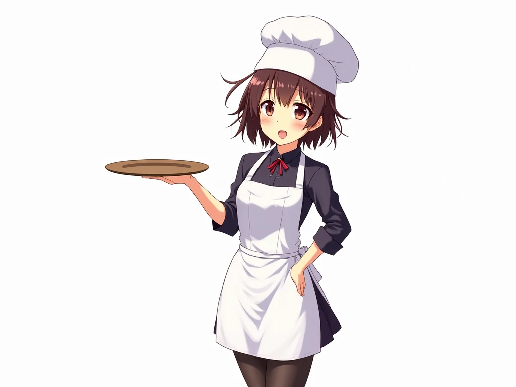 "A cheerful Japanese girl in anime style, dressed in a chefs uniform with a white apron and a traditional chefs hat, balancing a round tray gracefully on one hand. Her expression is friendly and confident, with a slight tilt of her head. The background is ...