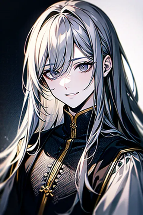 {masterpiece},{ best quality},{ 1 boy }, beautiful, wonderful, beautiful詳細な目,  black eyes , semi-long hair,Grey Hair、Archaic Smile、Distant Eyes 、Black clothes、Layering、Pale skin、Monochrome、 detailed , depth of field, Highly Detailed CG,original,  very deta...