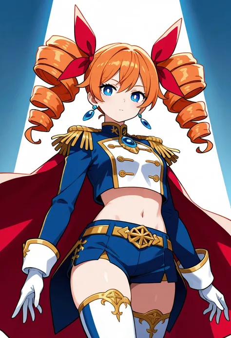 wise, blue eyes, twintails, orange hair, drill hair, twin drills, white pupils, bright pupils, thighhighs, gloves, jewelry, earrings, white gloves, cape, epaulettes, crop top, long sleeves, thighhighs