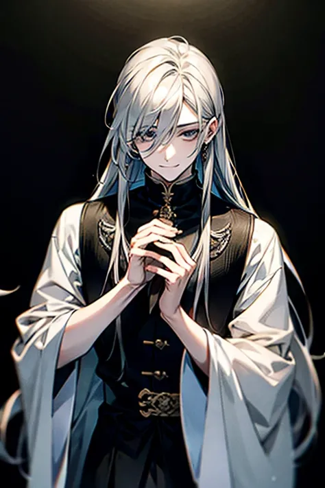 {masterpiece},{ best quality},{ 1 boy }, beautiful, wonderful, beautiful詳細な目,  black eyes , semi-long hair,Grey Hair、Archaic Smile、Distant Eyes 、Black clothes、Layering、Pale skin、Monochrome Tone、 detailed , depth of field, Highly Detailed CG,original,  very...