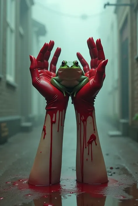 In the morning mist , A PAIR OF WOMENS BIG HANDS PROTRUDING VERTICALLY ON THE FLOOR， and wearing red latex gloves ，Its the big hands of a pair of women with blood stained ，Frog in hand