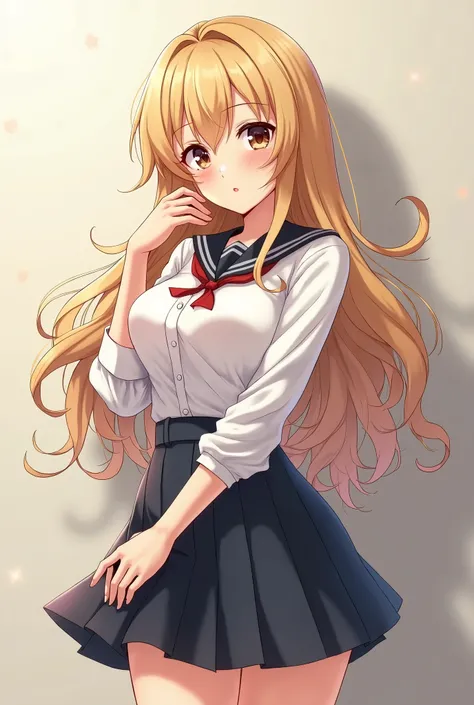 Anime woman with long blonde hair, brown eyes, large breats, wide hips. She has tan skin. She wears a school uniform.