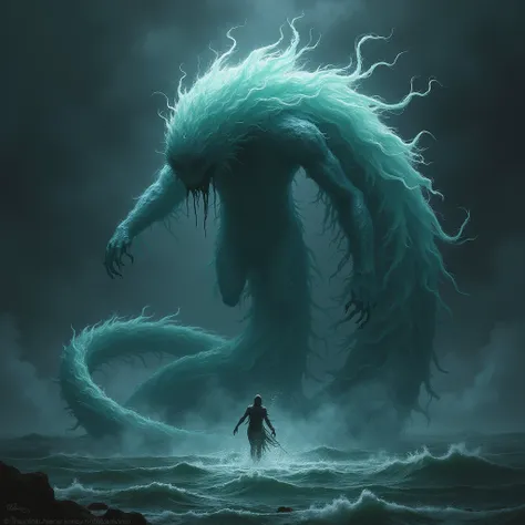  Japanese Yokai、 horror images 、「A specter named Ayakai 」 、 The torso curls up in a spiral shape over multiple layers、 A specter that doesnt show its face or tail 、 attacks people with only its torso 、 has a background in the ocean 、