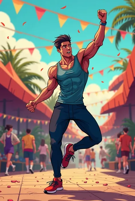 Cartoon. Handsom, masculine, not too much muscles showing. In a compression shirt. Situation: in a difficult aerobic dance pose. The vibe should be festival like