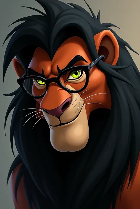 Create a picture of Scar from The Lion King looking snooty and wearing glasses