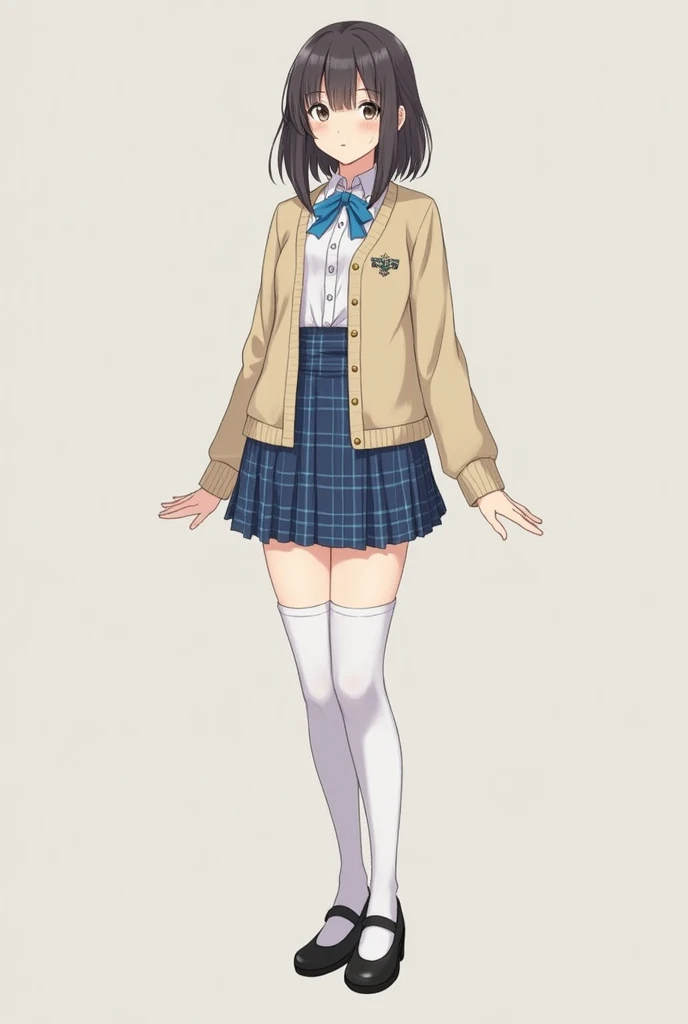 school uniform, beige cardigan with button-up, collared-shirt, blue ribbon, long sleeves, blue plaid pattern pleated skirt, mini skirt, A-line, (white thigh high stockings), shoes,