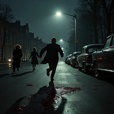  This night scene in Rotterdam in 1950 conveys an atmosphere full of tension and mystery. in the foreground,  the pavement is marked by a bloody footprint ,  suggesting that something violent has just happened occur .  In the deserted streets ,  some cars ...