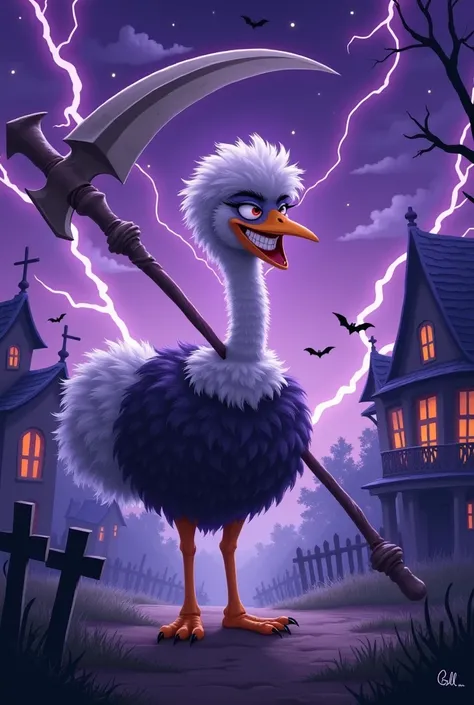 The cartoon, "Happy Halloween: A Ghostly Adventure," depicts an ostrich with an evil smile, under a purple sky full of stars and lightning at night, holding a Reaper scythe in front of haunted houses and graveyards, steps as if casting magic or summoning s...