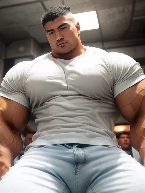 1 asian men, asian handsome bodybuilder men, AsianMaleRG, ( short pompadour hair and fade cut, short beard:1.4), (round face: 1.4), giant bodybuilder, soft light, strong body, bulk, brutalmass, (massive body), bulk, (Hyper thick chest muscles:1.3), wide pe...