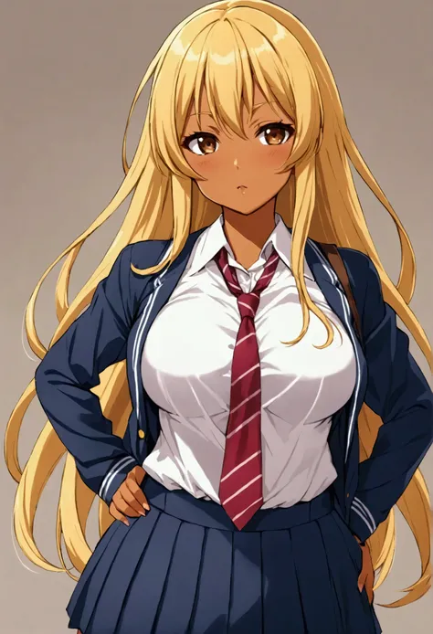 Anime woman with long blonde hair, brown eyes, large breats, wide hips. She has tan skin. She wears a school uniform.