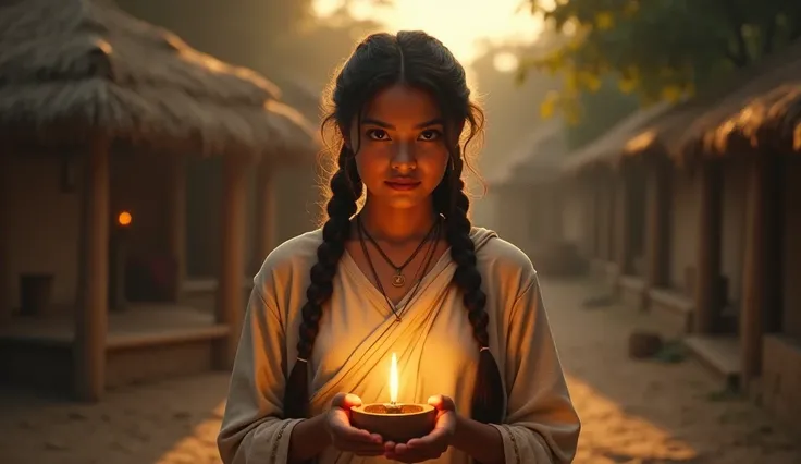 A kind and simple girl, in simple attire, long braids and a calm face, Nandini stands in front of her father, confidently and firmly, holding a lamp in her hand. View of the village and the magicians chamber behind. ultra realistic, very clear ultra HD, 4K...