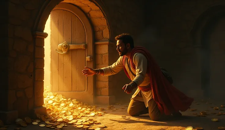 Cinematic style,Vinayak cautiously approaches a stone door covered in dust, revealing a treasure trove of gold coins. The glow of the coins captures his attention, and his eyes widen with greed and excitement. He reaches out to grab a coin, clutching it ti...