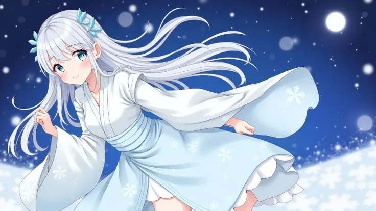 Snow Woman、 1 mid-teen girl、 long silver hair 、Princess cut、 starry sky 　Full moon night　Demon power　smile　freeze、Ice crystals 　 white kimono、kimono、Light blue eyes、Adult cute、 light blue snowflake pattern kimono、 girlfriend 、 white socks 、Kimono length 