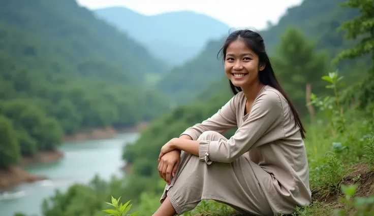 A Bangladeshi girl sitting in the beautiful natural surroundings of Jaflong, capturing a photo. Behind her, the mountains, lush greenery, and river are visible. The girls outfit is simple, and her face shows a natural smile, blending harmoniously with the ...