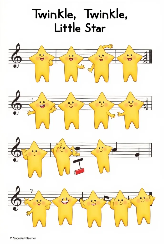 A cute illustration of countless stars with faces, hands, and feet replacing musical notes on a musical score with the words "Twinkle, Twinkle, Little Star" written on it.