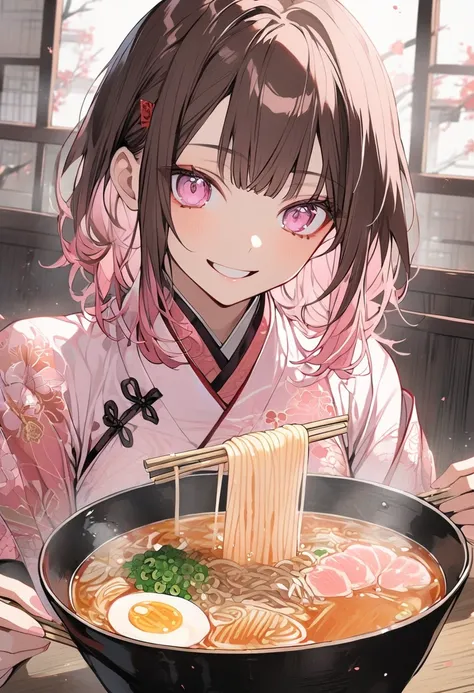  handsome, Alone, 1 female,  medium hair, Brown Hair,  pink highlights on the tips, Light pink eyes,smile, ramen, China Clothes 