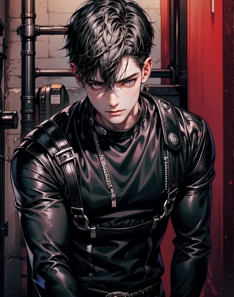 Masterpiece, Best quality, Realistic, upper body, 1boy, anime handsome boy, muscular body, black hair, black short-haired, gray eyes, korea male, leather pants style, evil smile, city alleyway, standing pose, bad mood