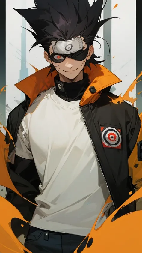 Round spiky hair, black eye red eye covered with the eye patch wearing a black jacket with the Naruto emblem on a  white shirt and the black  Jean and a badass smile,high scholar   and futuristic building behind him  