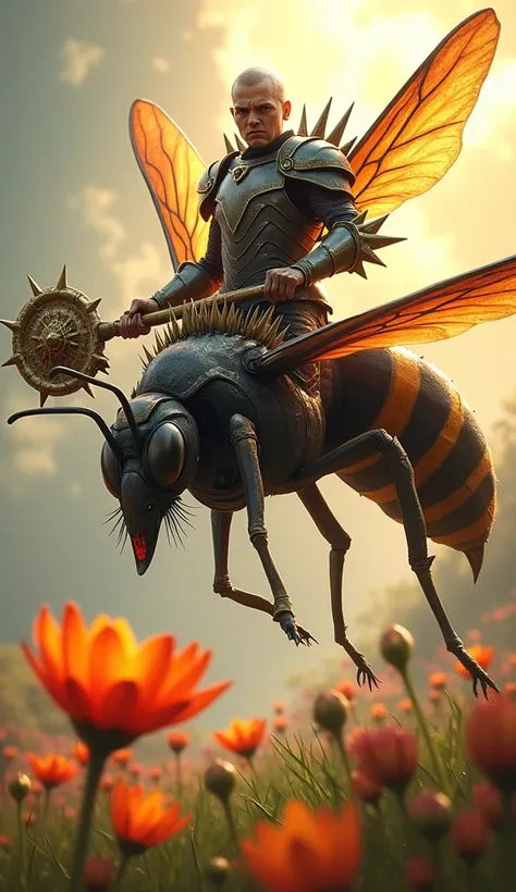 A stern guardian in spiked armor grips a glowing mace, seated atop a wasp. The insect hovers above a bright flower in a dramatic, sunlit scene.  