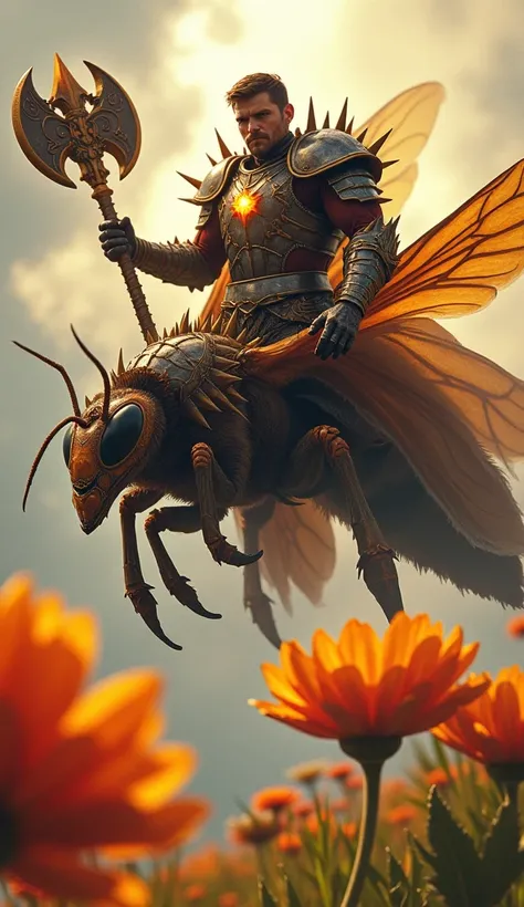 A stern guardian in spiked armor grips a glowing mace, seated atop a wasp. The insect hovers above a bright flower in a dramatic, sunlit scene.  