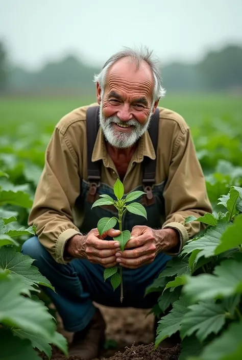 older man farmer in the middle of the crop holding a soybean plant in his hands, In cloudy weather ,  smiling and squatting