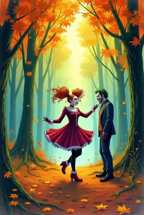 Alcohol ink illustration of a Harley Quinn. He twirled happily among the golden leaves of the green forest. A joker stood nearby, looking completely in love with the woman. The background contains tall trees with orange and yellow leaves.