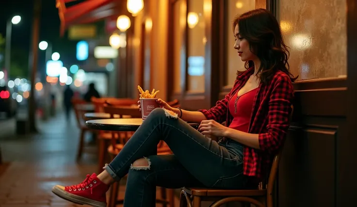 photo from a distance, a woman from Thailand, sitting on a wooden chair and table outside a cafe, tight ripped jeans (big breasts)), red converse, red checked shirt, cup of coffee, french fries, night time, cinematic