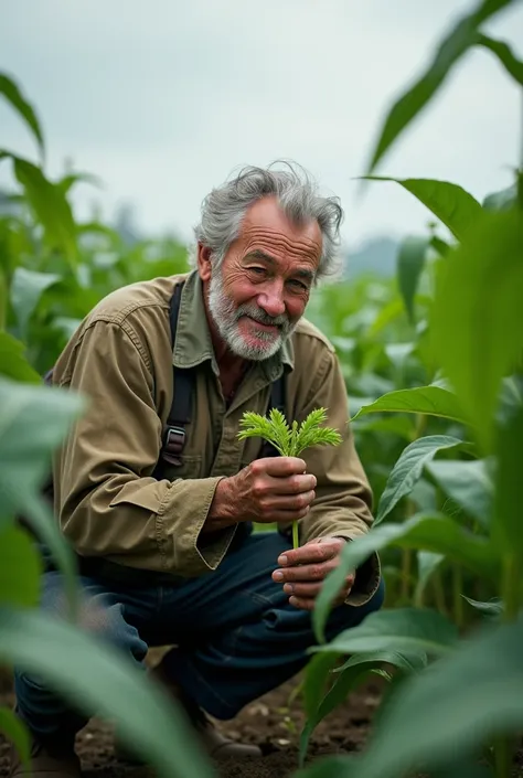 older man farmer in the middle of the crop holding a soybean plant in his hands, In cloudy weather ,  smiling and squatting