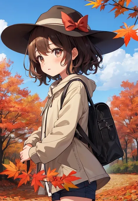 A very young teenage girl ，Very short stature， toddler figure ，Dress like an explorer ， hat like an explorer  、 brown hair on the abdomen、  Her hair is medium length and curly、autumnのジャングルで、  Fallen Leaves for Vaginal Discharge ，tree漏れ日のイメージ、8k、 autumnのジャン...