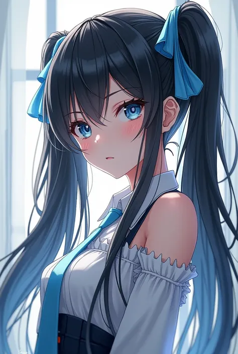 detailed character, masterpieces, best quality, ultra detailed, full body, long hair, pigtales hair, black hair, light blue eyes, clear blue hair tie,