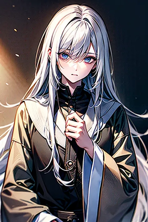 {masterpiece},{ best quality},{ 1 boy }, beautiful, wonderful, beautiful詳細な目,  gray eyes, semi-long hair,White Hair ,Young、Hiding one eye、Distant Eyes 、Cat-like、 Relaxed Clothes、 detailed , depth of field, Highly Detailed CG,original,  very detailed wallpa...