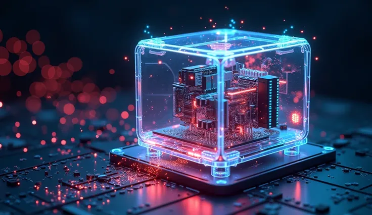 A schematic image of a traditional computer with a transparent shell, in which you can see microchips and transistors shining their cherry and blue lights. Next to it is a magic pollen, shimmering like a binary system, with bright ones and zeros, like a fi...