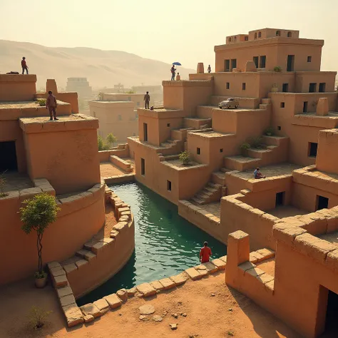 Traditional step-based water harvesting system in a Rajasthani home, with rainwater being collected from the rooftops into large storage tanks, people working on rooftops in a rural Rajasthani setting, with a desert backdrop and mud brick houses.