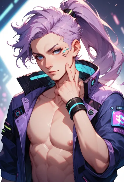 nude tech-savvy gamer boy with long lavender hair tied into a ponytail, wearing a minimalist cyberpunk-inspired jacket and glowing wristbands, anime-style, 