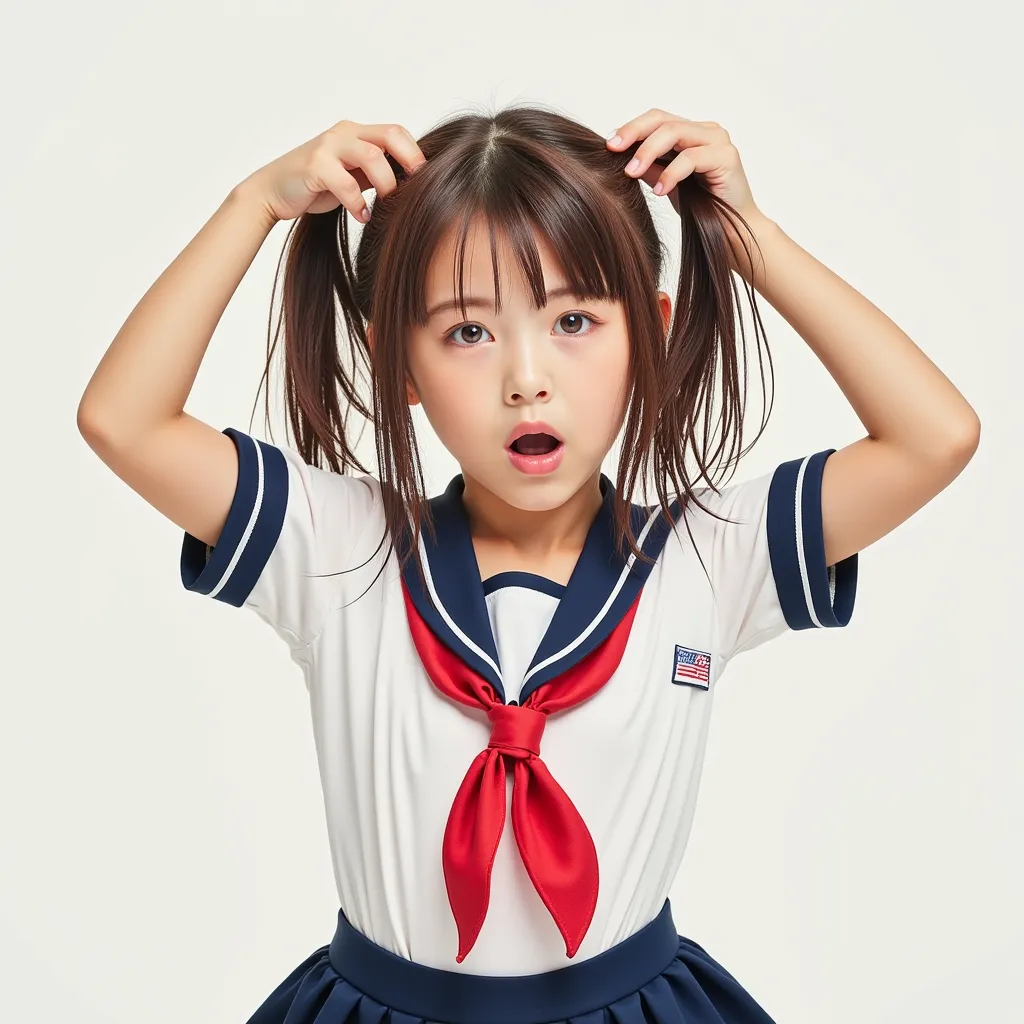   a little super cute girl in a sailor suit  .   is putting rain on her arms and doing a go-go pose . She is screaming with her mouth open  .