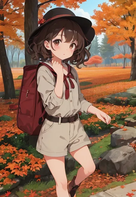 A very young teenage girl ，Very short stature， toddler figure ，Dress like an explorer ， hat like an explorer  、 brown hair on the abdomen、  Her hair is medium length and curly、autumnのジャングルで、  Fallen Leaves for Vaginal Discharge ，tree漏れ日のイメージ、8k、 autumnのジャン...