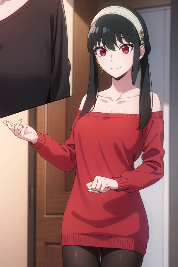 yorbriar, yor briar, black hair, (red eyes:1.5), earrings, gold hairband, hairband, long hair, sidelocks, (medium  breasts:1.2), smile,
BREAK bare shoulders, collarbone, dress, long sleeves, off shoulder, off-shoulder dress, off-shoulder sweater, pantyhose...