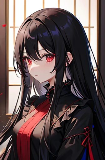 woman、 Black Long Straight Hair、 Red Eyes、In the dark mansion、Black Ruffled Clothes 、Dark look