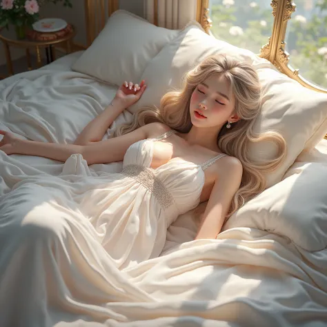 a woman in a white dress laying on a bed with her hands on her head, ((a beautiful fantasy empress)), smooth anime cg art, artgerm lau, xianxia fantasy, goddess of sleep, unreal engine render + a goddess, anime goddess, extremely detailed artgerm, artgerm ...