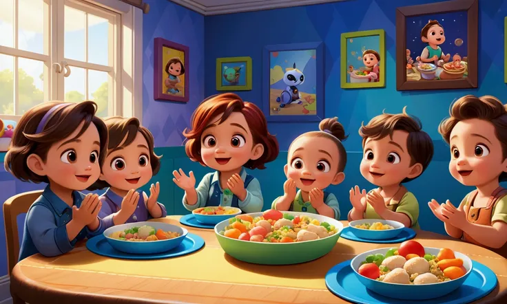 5 babies eating meal and clapping in happy mood, background is babies room,use bright colors, picture in destiny pixar art 