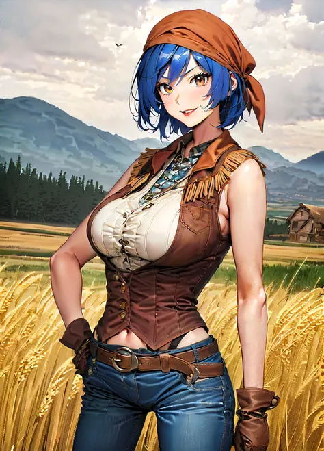 score_9, score_8_up, score_7_up, source_anime, 1girl, solo, looking at viewer, miyabikannazuki, short hair, blue hair, large breasts, lipstick, cowgirl outfit, bandana, fringed vest, cowboy western, fringe trim, highleg panties, wheat field, outdoors, wind...