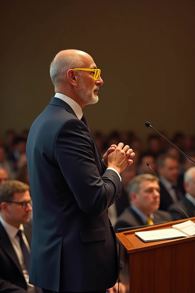 Bald, thin man with yellow glasses and a suit giving advice in a seminar