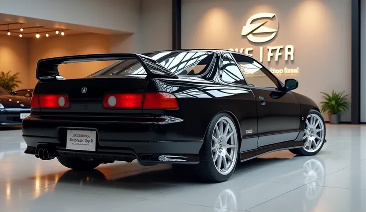 Generate a Realistic images of 1997 Acura Integra Type -R glossy black Colour silver rim With car Showroom Background with main  back view car with Wall big logo Acura Integra Type -R