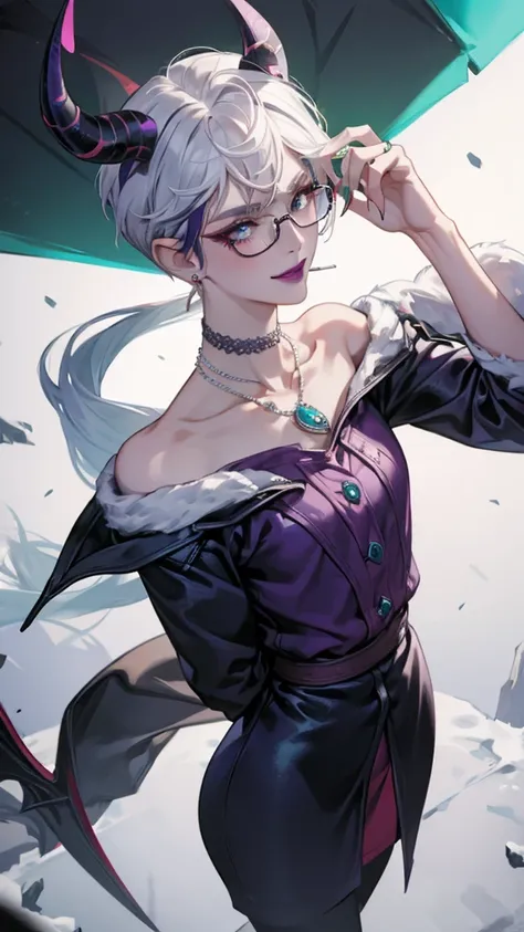 8k, masterpiece, best quality, highly detailed, 1 girl, devil, demon horns, warlock, pixie cut, white hair, multicolored hair, very short straight hair, red highlight hair on white hair, stippled hair, wearing glasses, round glasses, earrings, red eyeshado...