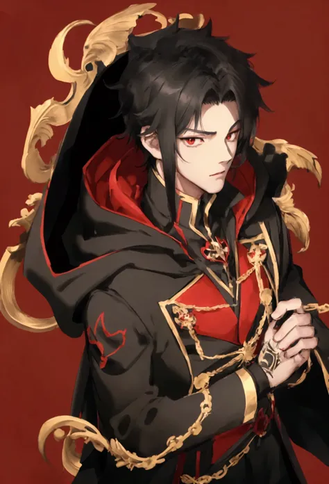 A boy in the anime, with a handsome face full of cold, black hair, red left eyes, black right eyes, black magician costume, wearing a hood, gold brooch attached to his chest, dark red aura around his body.