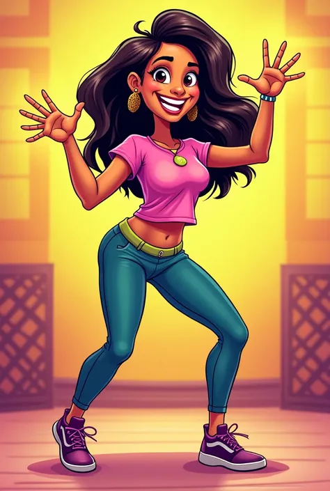 cartoon. full body. beautiful charismatic woman in pretty zumba clothes in a tshirt, having fun while making a fun crazy dance pose with her hands