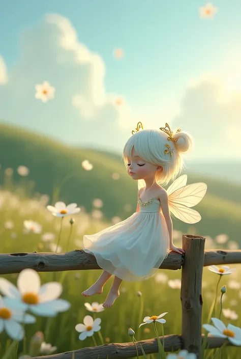 A very small, adorable   spirit inspired by white cosmos flowers, sitting peacefully on a weathered wooden fence in a sunlit countryside field. The ’s outfit is crafted from delicate white cosmos petals, with subtle golden accents resembling the flower’s c...