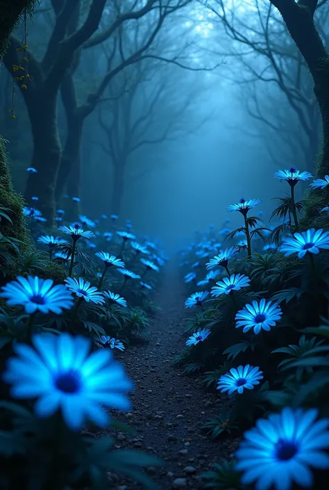 A mysterious and scary garden with all kinds of blue flowers and no trees