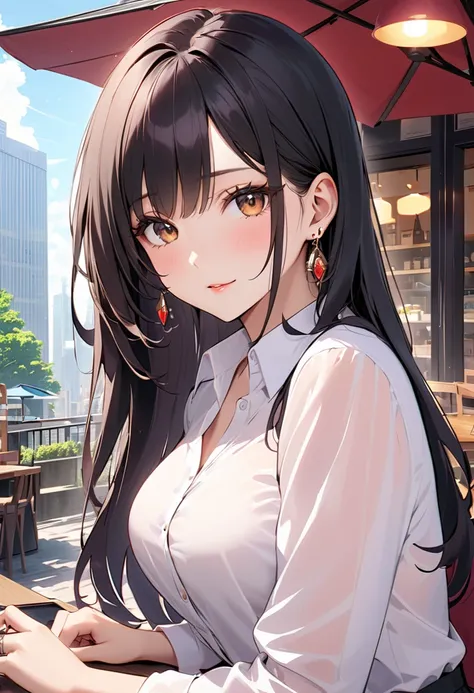  best quality,  amazing,delicate,  super detailed, beautiful, 8k ,  1 girl,  Black Long Hair ,Business shirts,  earrings for a woman alone, Outdoor,  bright 、Married Woman,sunlight、Clear skies、Cafes in Tokyo、Skyscrapers in the background、bewitching、coquett...