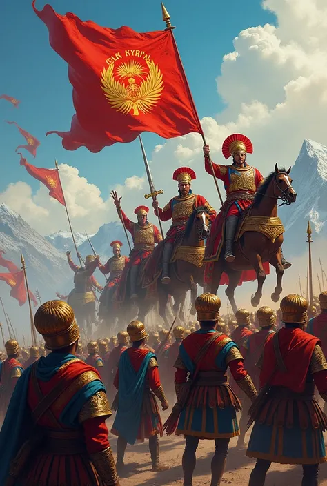 , Great Manas with the Ak-Kalpak headdress with the coat of arms of Kyrgyzstan . in the center of the battle leads warriors forward with the flag of the Kyrgyz Republic and a sword, at the top of Victory Peak . 
